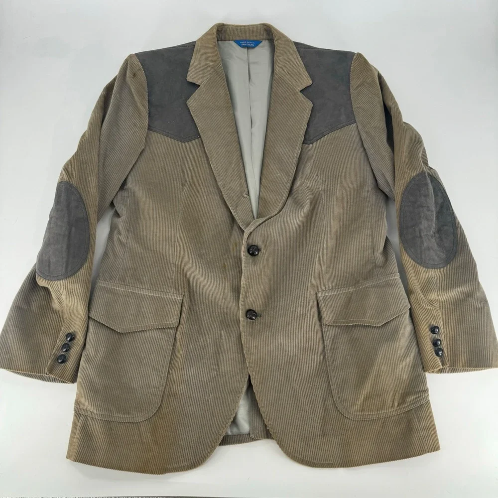 Pendleton High Grade Western Wear Corduroy Blazer Tan Suede Trim 44 Long USA
